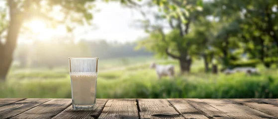 Fotobehang Panoramic view. Milk glass on wooden table top on blur grass field and milk cow farm. Generative AI. © Brastock Images / AI