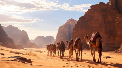 caravan of camels goes among the canyons and sandy mountains