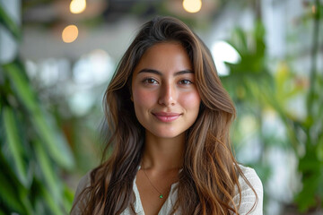Obraz premium Young beautiful Asian woman smiling confidently at her workplace. Generative AI