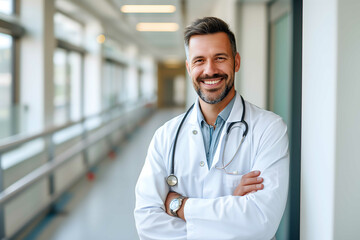 Male Doctor in the Hallways of a Hospital, Portrait of a Professional Conveying Confidence with a Radiant Smile and Copy Space - obrazy, fototapety, plakaty