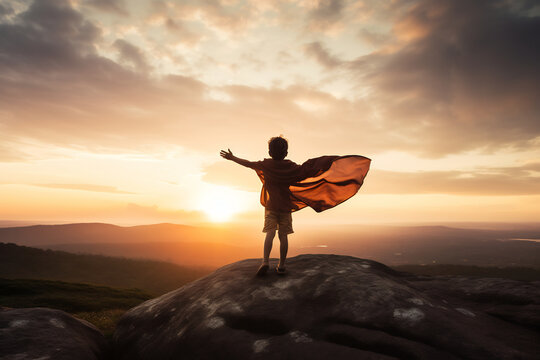Child in Superhero Cape Standing on Mountain Peak at Sunset. Imagination and Adventure Concept