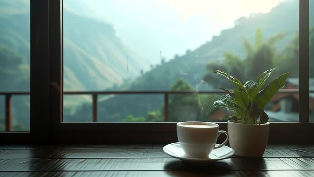 A warm cup of coffee with a view of the mountains. seamless looping 4k time-lapse video background