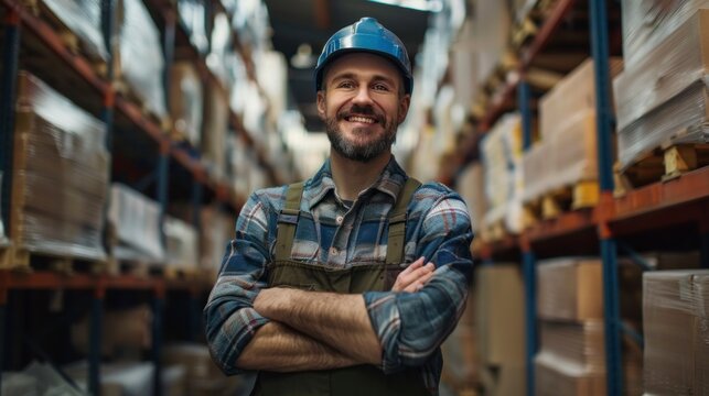 man with helmet looking at the camera working in a warehouse with boxes with good lighting in high resolution and high quality. work concept