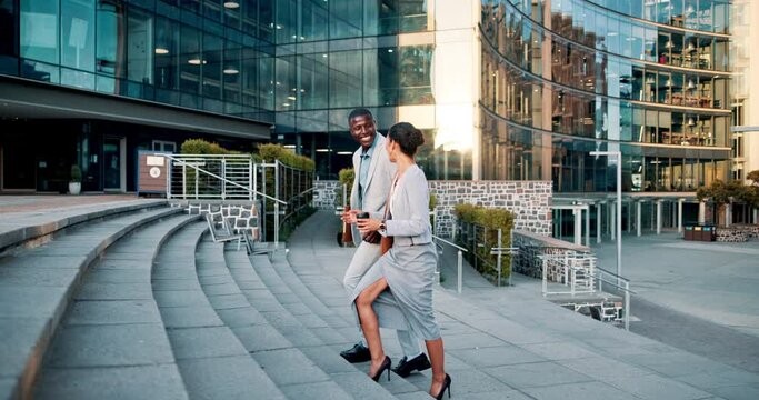 Smile, business people and walking on steps in city for morning conversation or commute to work together. Collaboration, travel or teamwork with happy young man and woman employee in urban town
