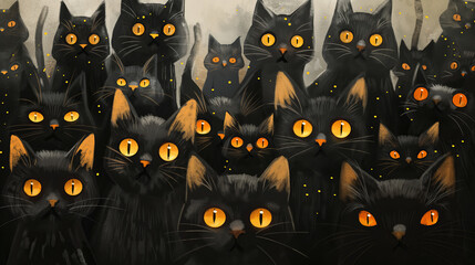 Ilustracja - czarne koty w grupie - obrazy, fototapety, plakaty