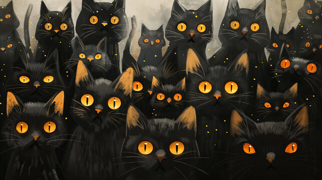 Ilustracja - czarne koty w grupie