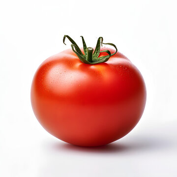 A hyper-realistic photograph of one tomato, solid stark white background, focused lighting.[A-0002]