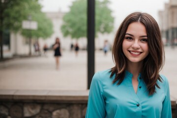 Beautiful young woman with bob hairstyle dressed in turquoise blouse standing outside with copy space.