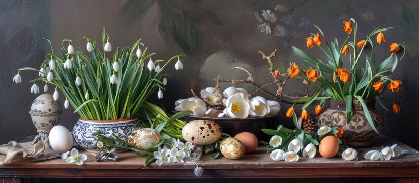 A traditional still life painting depicting a collection of vibrant flowers and delicate eggs arranged on a table. The composition captures the essence of spring with the contrast between the colorful