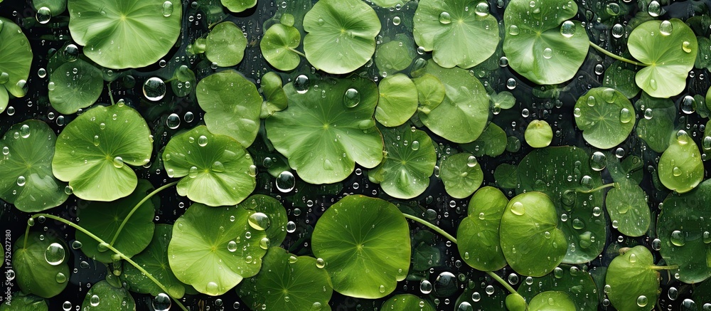 Poster a cluster of vibrant green leaves adorned with glistening raindrops creating intricate patterns and 
