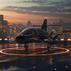 Dusk Arrival, a vtol single person private jet landing on a helipad