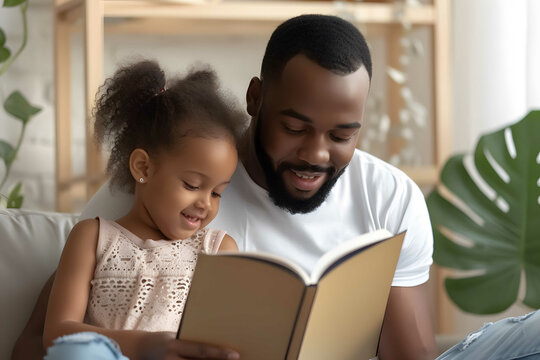 Close-up portrait of a black father reading a bedtime story book with his toddler son. They are sitting up together in bed and smiling. Image created with Generative AI technology.