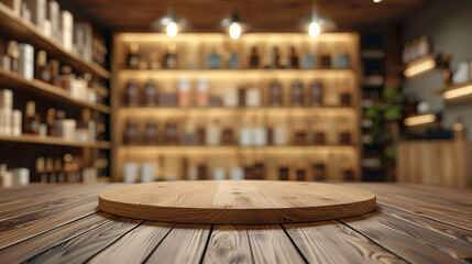 wooden podium table against the background of cosmetic products, for product presentation