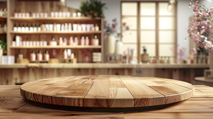 wooden podium table against the background of cosmetic products, for product presentation