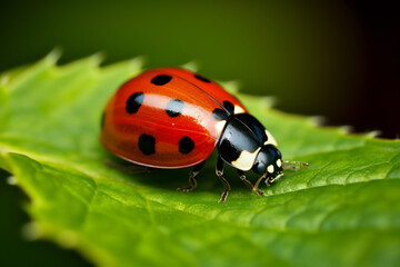 Fototapeta premium Macro Shot of a Vibrant Ladybug on a Lush Green Leaf. Nature's Detail and Ecosystem Concept