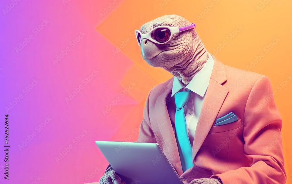Aufkleber turtle tortoise in suit holding a tablet while working on bright pastel background. advertisement. p