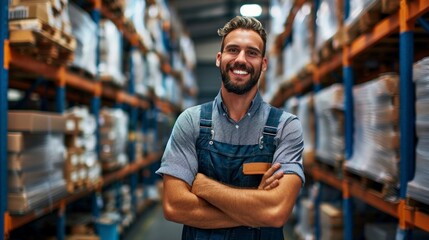 man with an apron in a warehouse full of boxes and merchandise in high resolution and high quality