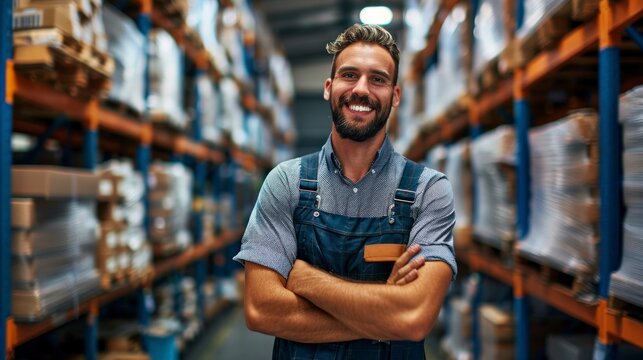 man with an apron in a warehouse full of boxes and merchandise in high resolution and high quality