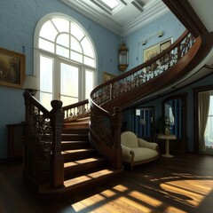 Modern Classic: Blue Three-dimensional Staircase Design in a Beige Interior