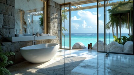 Fototapeta na wymiar Luxury Beach Villa Bathroom: Modern, Clean, and Inviting Interior Design