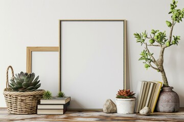 Modern Home Interior Poster Mockup with Horizontal Metal Frame, Succulents, and Books on White Wall Background