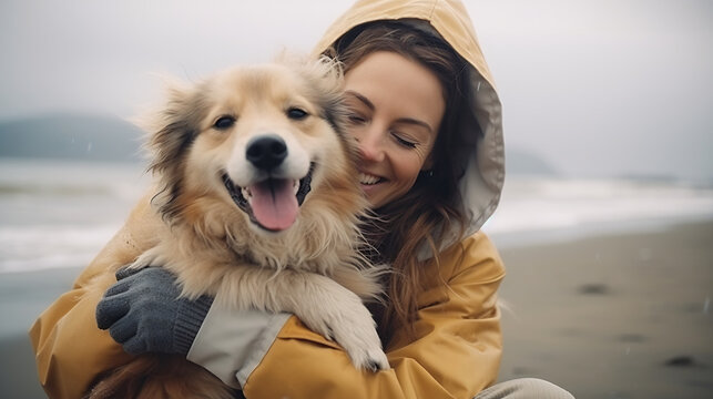 Heartwarming Embrace between a Woman and Her Golden Retriever on a Windswept Beach. Unconditional Love and Companionship