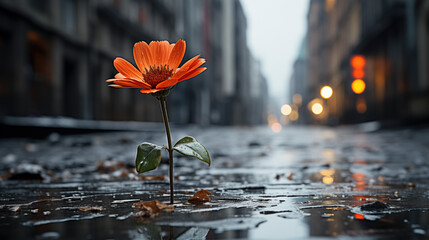 Lone orange flower growing in street crack - Powered by Adobe