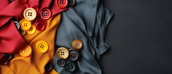 Bunch of buttons arranged neatly on a fabric surface - obrazy, fototapety, plakaty