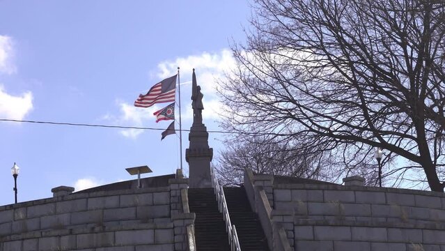 American and State Flags Monument Building Spire Bare Trees Overcast Sky Patriotic Michigan Winter Outdoor