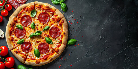 Tasty pepperoni pizza and tomatoes basil