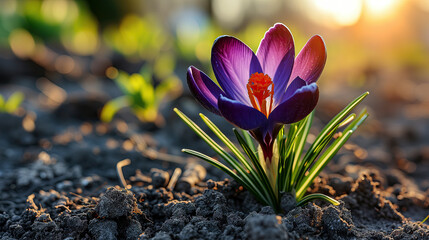 A purple crocus flower is growing out of the soil