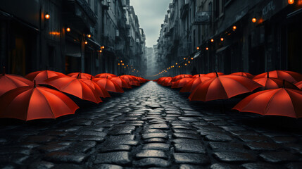 Red umbrellas line a cobbled street under a moody sky, creating a striking contrast and visual path. Red Umbrella Alley. creative backgrounds