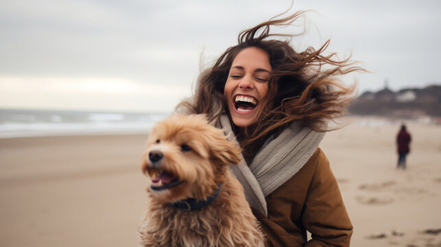 Heartwarming Embrace between a Woman and Her Golden Retriever on a Windswept Beach. Unconditional Love and Companionship