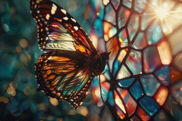 Monarch butterfly perched on stained glass, vibrant wings contrasted against colorful background.

