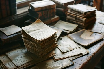 A vintage collection of worn books and papers stacked on a wooden desk, evoking nostalgia and the...