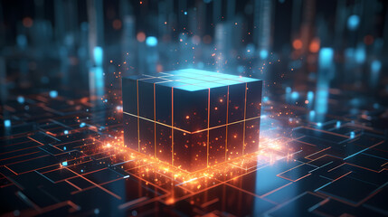 Blockchain cube with lines symbolizing the simplicity and security of distributed trust networks - obrazy, fototapety, plakaty