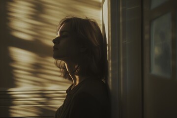 A woman's profile is delicately silhouetted against blinds, creating a mood of contemplation and mystery.

