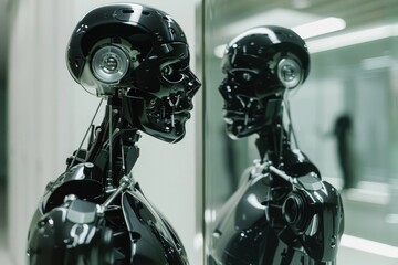 Reflective image of a humanoid robot, questioning the essence of humanity and technology.

