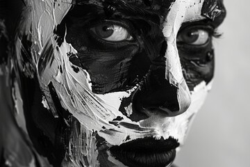 Abstract black and white painted face, evoking raw human emotions and modern art aesthetics  