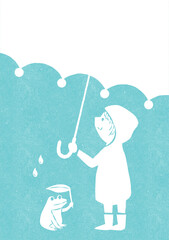 雨の日のカード 傘とカエルとレインコートの子ども（水色）