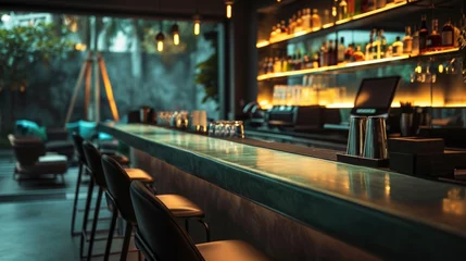 Foto op Plexiglas Modern Bar Counter in an Empty, Luxurious Restaurant at Night © AIGen