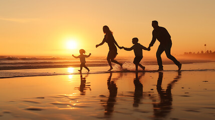 Silhouette of Family Enjoying Sunset Beach Stroll. Togetherness and Coastal Leisure Concept - obrazy, fototapety, plakaty