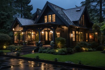 A large, dark house with lights on and a wet driveway.
