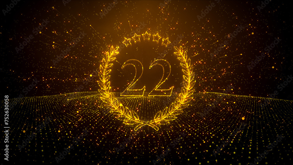 Poster abstract golden shiny number 22 laurel wreath label dotted lines wireframe particle space with wavy 