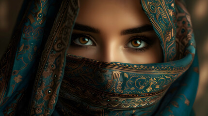 arabic woman. Close-up portrait of a woman with striking blue eyes, veiled in a patterned hijab, exuding mystery and elegance.