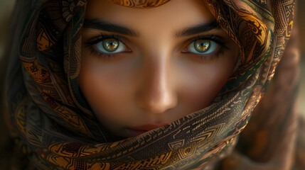 Arabic woman. Intense gaze of a young woman with striking eyes, partially veiled by an ornate hijab, evoking mystery and beauty. - obrazy, fototapety, plakaty
