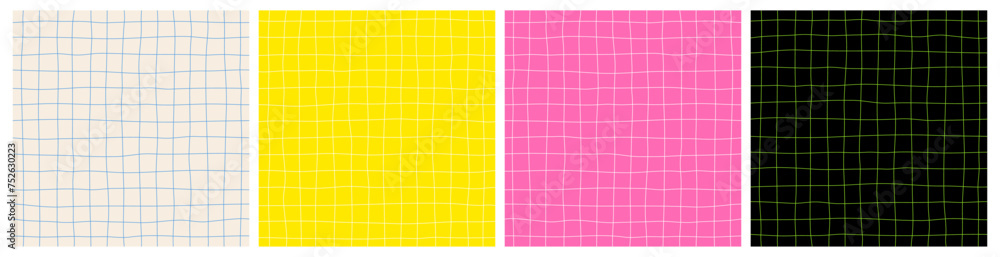 Leinwandbilder Set of Colorful Seamless Patterns with Distorted Cage. Vector Groovy Y2K Checker Texture. Abstract Psychedelic Patterns with Wavy Doodle Stripes. Hand Drawn Checkered Backgrounds