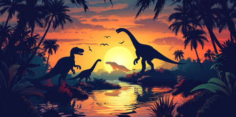 Vector illustration of prehistoric theme with dinosaurs jungle and sunset on white background. - 752630238