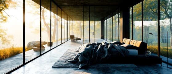  A modern bedroom featuring a panoramic view of a misty forest during sunrise, with minimalistic furniture.