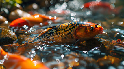 Obraz na płótnie Canvas red and yellow fish, Fancy carp or koi fish are red,orange, white, black. view of carp - bekko. decorative bright fish